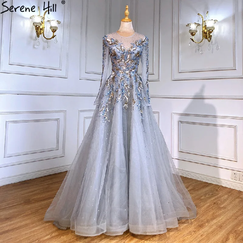 Evening dress with chiffon-Serene Hill Gold Muslim Luxury Evening Dresses Gowns 2024 A-Line Beaded Sparkle For Women Party  LA71387