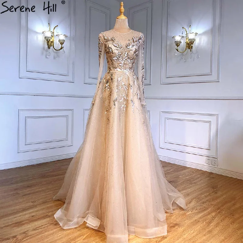 Evening dress with crochet details-Serene Hill Gold Muslim Luxury Evening Dresses Gowns 2024 A-Line Beaded Sparkle For Women Party  LA71387