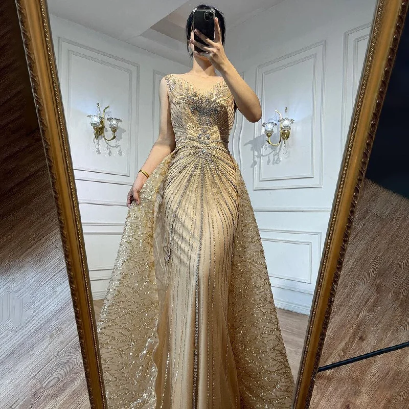 Evening dress with pleated skirt-Serene Hill Gold O-neck Long Sleeves Mermaid Beaded Overskirt Evening Dresses Formal Party Gowns For Women 2024 LA72087