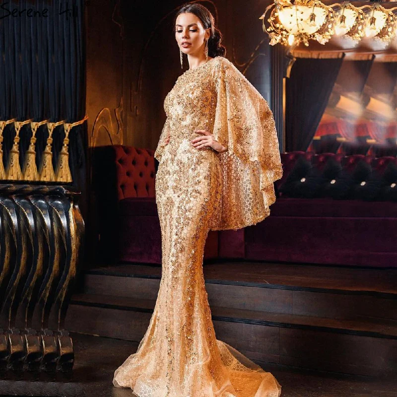 Bohemian evening dress-Serene Hill Gold Plus Size  Mermaid Elegant Luxury Evening Dresses Gowns 2024 Pearls Beading With Cape For Women Party LA70738