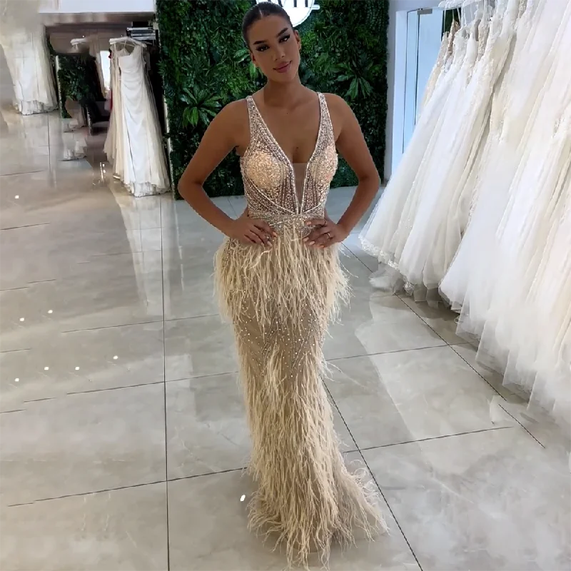 Sleeveless evening dress-Serene Hill Gold Sexy High Split Mermaid Evening Dresses Gowns Backless Luxury Beaded Feather 2024 For Women Party LA71583