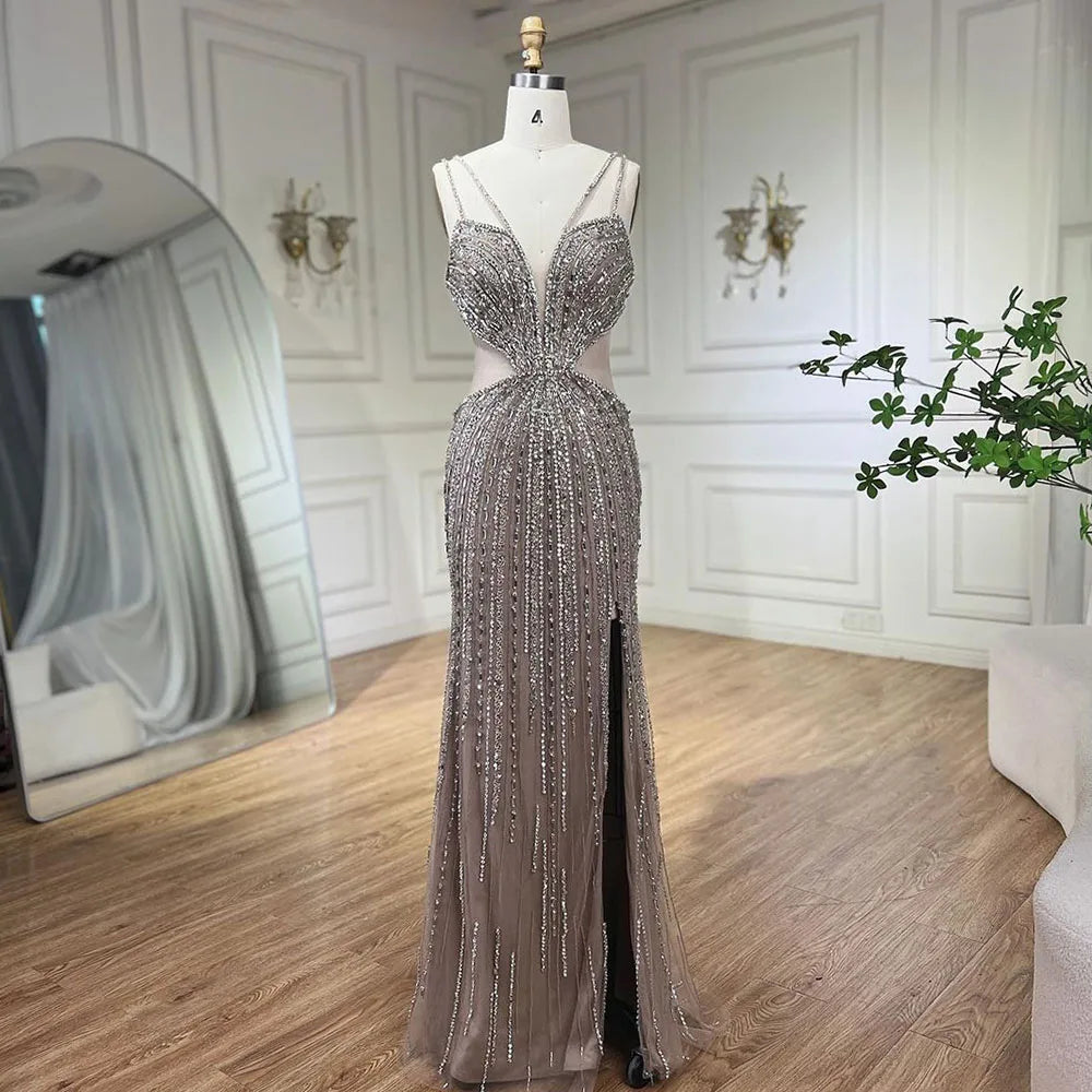 Ivory evening dress-Serene Hill Blue Cut Out Spaghetti Straps Elegant Mermaid Evening Dresses Gowns Luxury Beaded For Woman Party 2024 LA72305