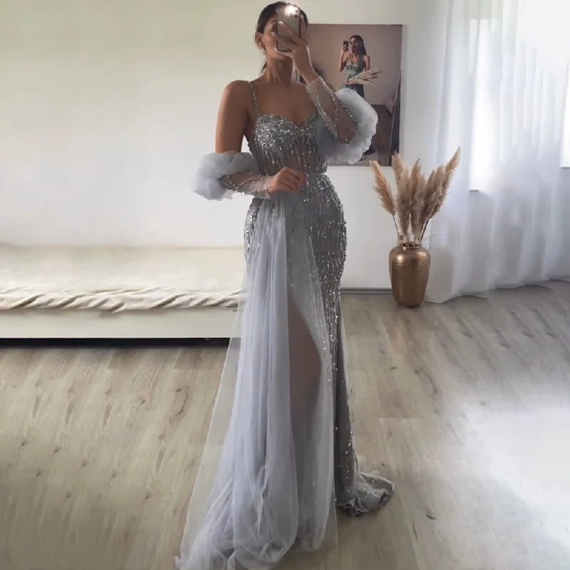 Champagne evening dress-Serene Hill Gray Mermaid Elegant Balloon Sleeves Sweetheart Evening Dresses Gowns 2022 Luxury Beaded For Women Party LA71571A