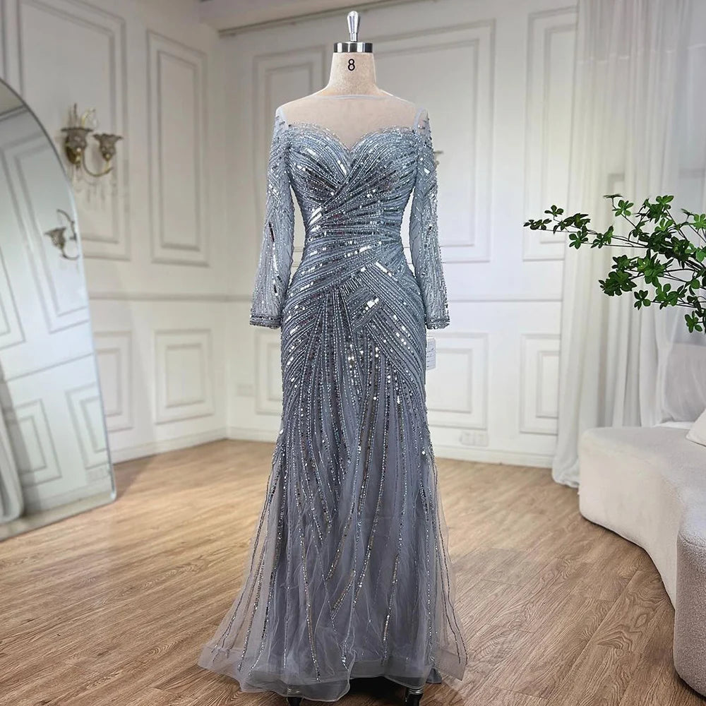 Black evening dress-Serene Hill Gray Muslim Luxury Beaded Mermaid Evening Gowns Elegant Floor Length Party Dresses For Women Wedding 2024 LA72295