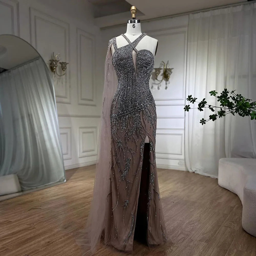 Evening dress with A-line-Serene Hill Gray Nude One-Shoulder Cape Sleeves Mermaid Evening Dress High Split Beaded Long Gown for Woman Party LA72368