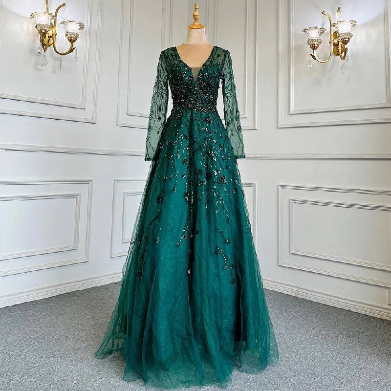 Evening dress with beaded bodice-Serene Hill Green A-Line V-Neck Long Sleeves Evening Dresses Gowns Luxury Beaded 2024 For Women Wedding Party LA71702