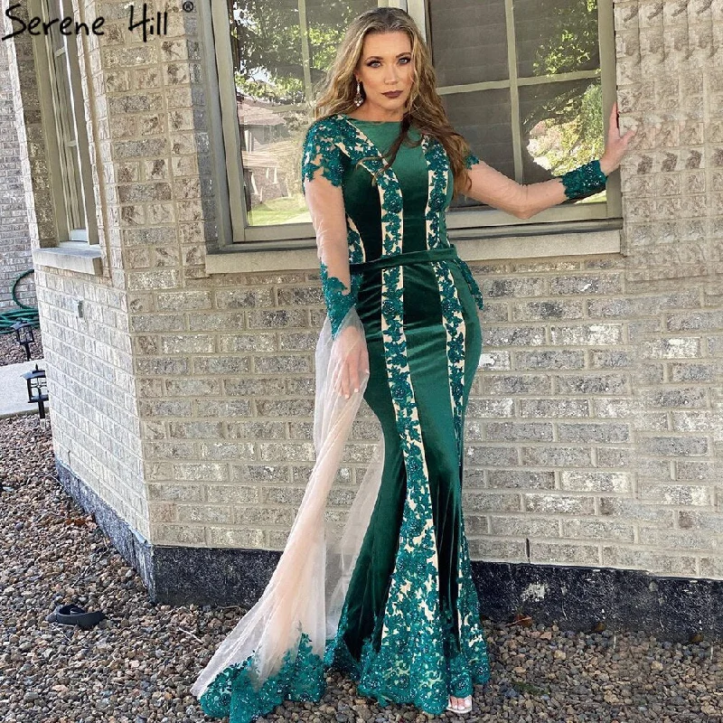 Evening dress with crochet details-Serene Hill Green Beaded Mermaid Evening Dresses Gowns 2024 Elegant Detachable Skirt For Women Party LA71455