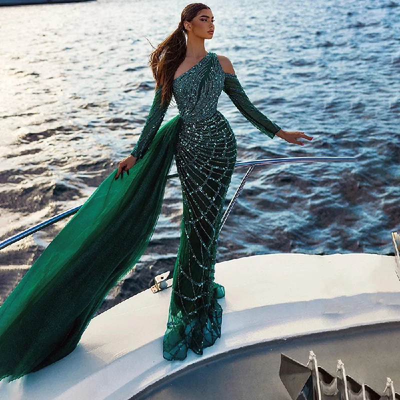 Evening dress with tulle overlay-Serene Hill Green Elegant Floor Length Mermaid Sexy One Shoulder Beaded Evening Dresses Luxury Gowns For Woman 2024 LA71894