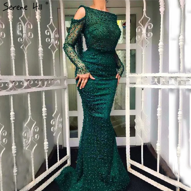 Evening dress with fringe-Serene Hill Green Elegant Mermaid Evening Dresses Gowns 2024 Backless Beaded Pearls Luxury For Women Party LA6340