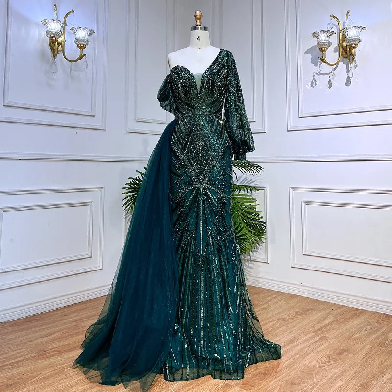 Evening dress with corset bodice-Serene Hill Green Elegant Mermaid Sexy One Shoulder Puff Long Sleeves Beaded Evening Dresses Gowns For Women Party LA72000