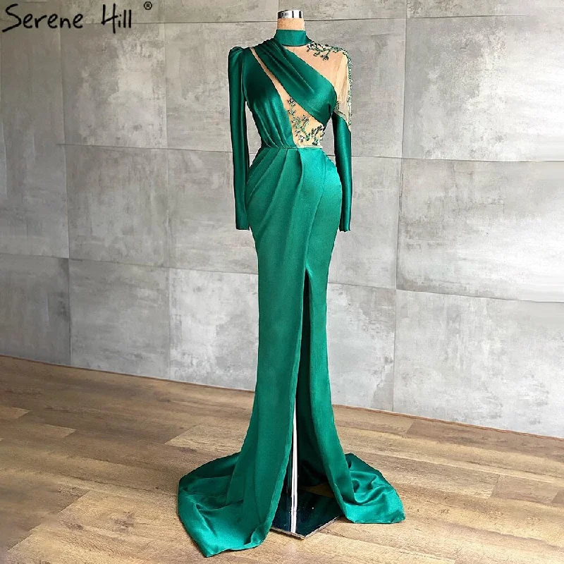 Evening dress with high-low hem-Serene Hill Green High Split Evening Dresses Gowns 2024 Satin Beading Mermaid Elegant For Women Party LA71034