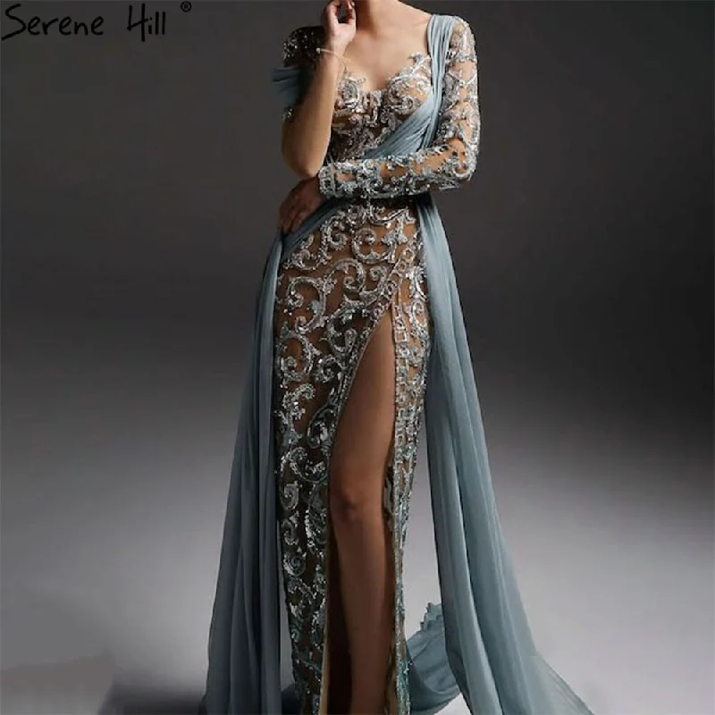 Evening dress with illusion neckline-Serene Hill Green High Split Mermaid Evening Dresses Gowns 2024 Beaded Luxury Elegant For Woman Wedding Party LA71391