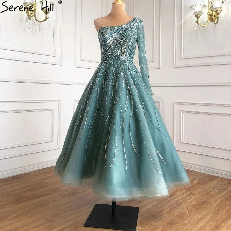 Evening dress with illusion skirt-Serene Hill Green Luxury Ankle Length Evening Dresses Gowns 2024 One Shoulder Beading Sexy For Woman Party LA71021