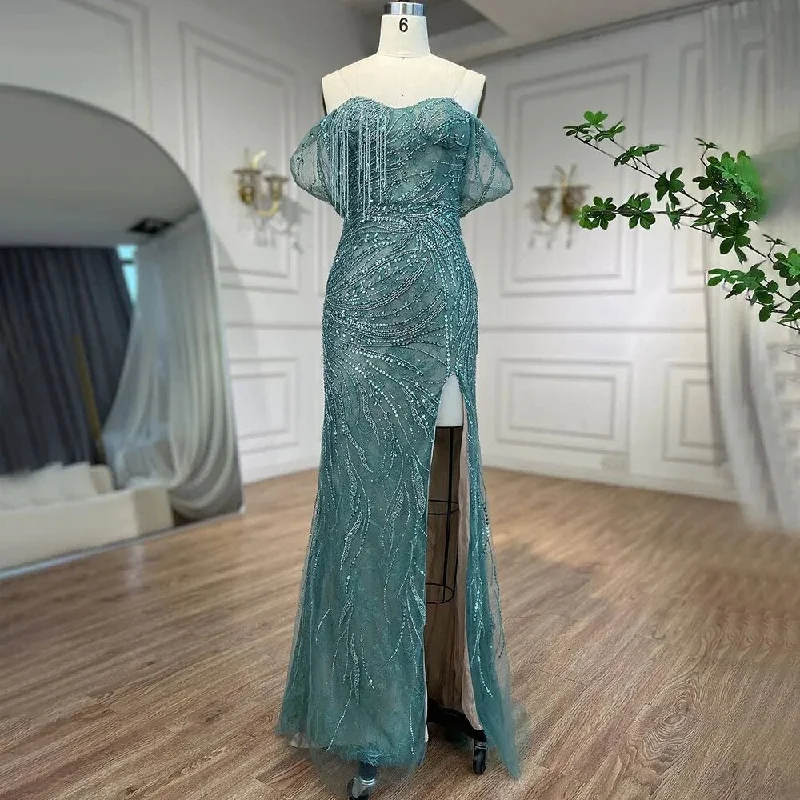 Sleeveless evening dress-Serene Hill Green Luxury Mermaid Evening Dresses Gowns 2024 Cap Sleeves Beaded Elegant For Women Party LA71438