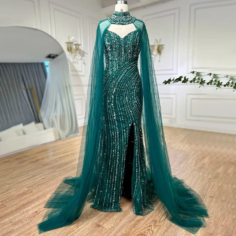 Evening dress with puff sleeves-Serene Hill Green Mermaid Arabic Evening Dresses Gowns Split With Cape Sleeves Beaded 2024 For Women Wedding Party LA72073A