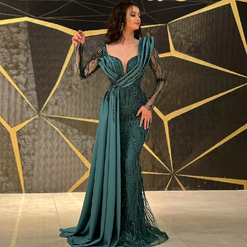 Evening dress with taffeta-Serene Hill Green Mermaid Beaded Evening Dresses Gowns 2024 Luxury Elegant Satin For Women Party LA71860