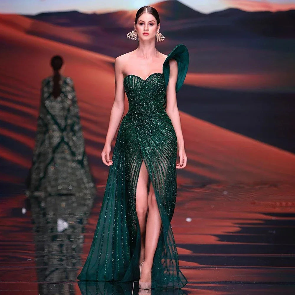 Evening dress with slit-Serene Hill  Green Mermaid High Split One Shoulder Beaded Evening Dresses Gowns For  Wedding Party 2024 LA71779  Customized