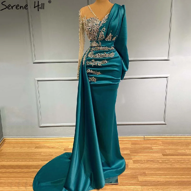 Evening dress for cocktail-Serene Hill Green Mermaid Satin Evening Dresses Gowns 2024 Muslim Elegant Beaded Luxury For Women Party LA71370