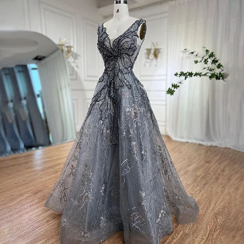 Evening dress for black tie-Serene Hill Grey A Line Luxury Evening Dresses 2024 Beaded Sleeveless Sexy For Women Wedding Party LA71250