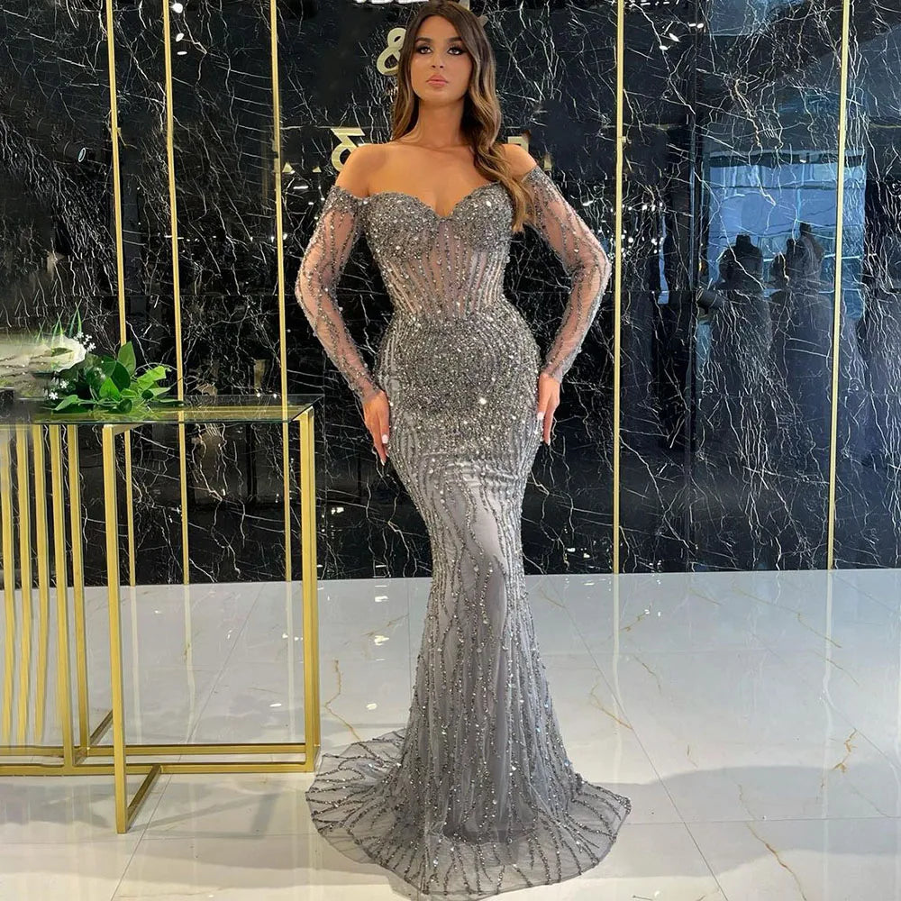 Evening dress with double straps-Serene Hill Grey Mermaid Spaghetti Strap Luxury Beaded Elegant Evening Dresses Gowns 2024 For Woman Wedding Party LA71650