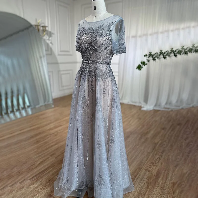 Evening dress with embellishments-Serene Hill Grey O Neck Short Sleeves A Line Evening Dresses 2024 Mother of the Bride Luxury Beaded Party Gowns LA72102