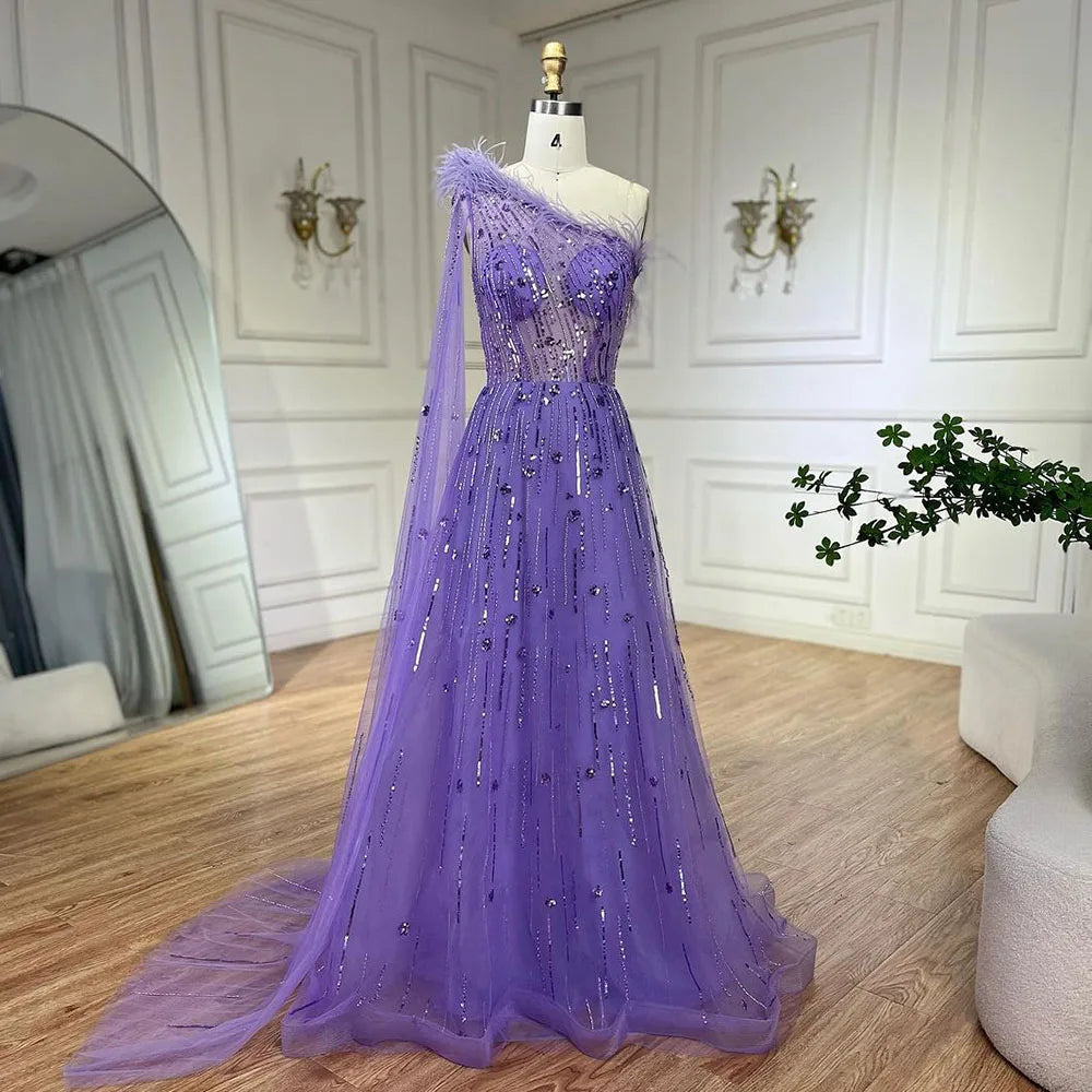 Halter neck evening dress-Serene Hill Lilac A Line One Shoulder Cape Sleeves Feathers Beaded Luxury Evening Dresses Gowns for Women Wedding Party LA72503A