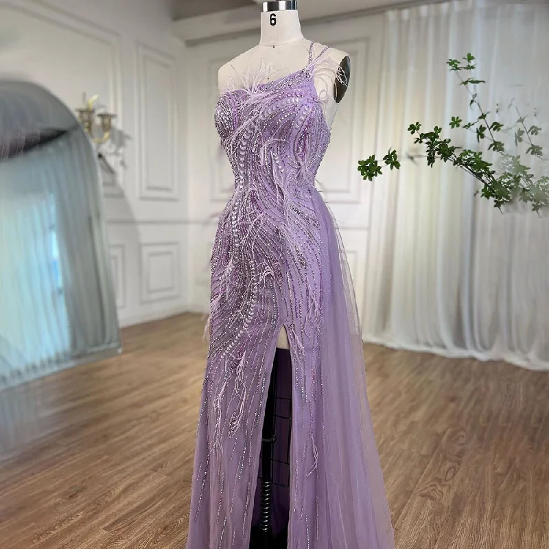 Classic evening dress-Serene Hill Lilac Mermaid Elegant One Shoulder Feathers Beaded Luxury Evening Dresses Gowns 2024 For Women Wedding Party LA72154