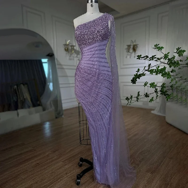 Evening dress with high-low hem-Serene Hill Lilac Mermaid Elegant One Shoulder Sexy High Split Beaded Evening Dresses Gowns 2024 For Women Wedding Party LA72215