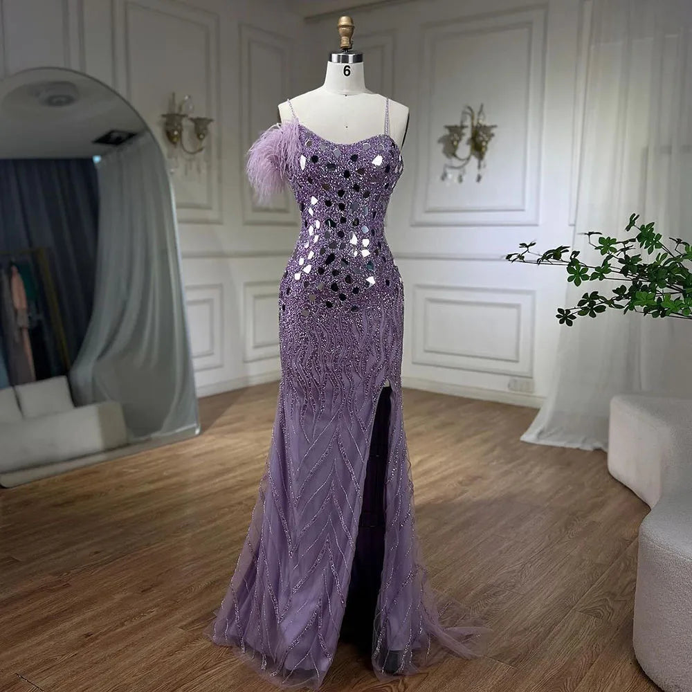 Evening dress with sequined bodice-Serene Hill Lilac Mermaid Evening Dresses Gowns 2024 with Spaghetti Straps High Split Beaded Sequins for Women's Party LA72212A