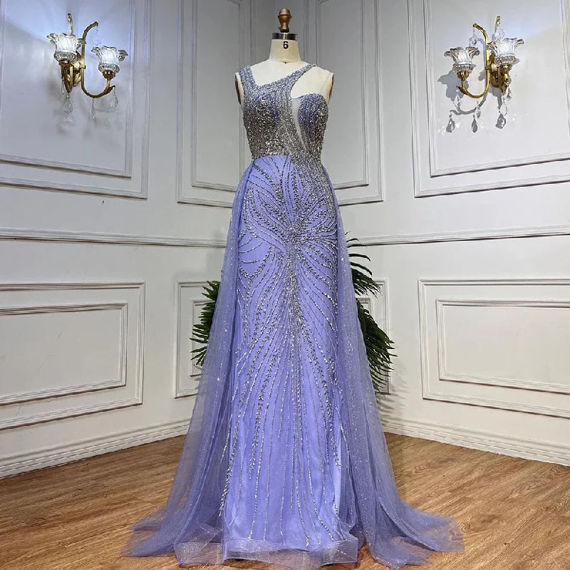 Evening dress with backless design-Serene Hill Lilac Mermaid One Shoulder Overskirt Beaded Luxury Evening Dresses Gowns 2024 For Women Wedding Party LA72031