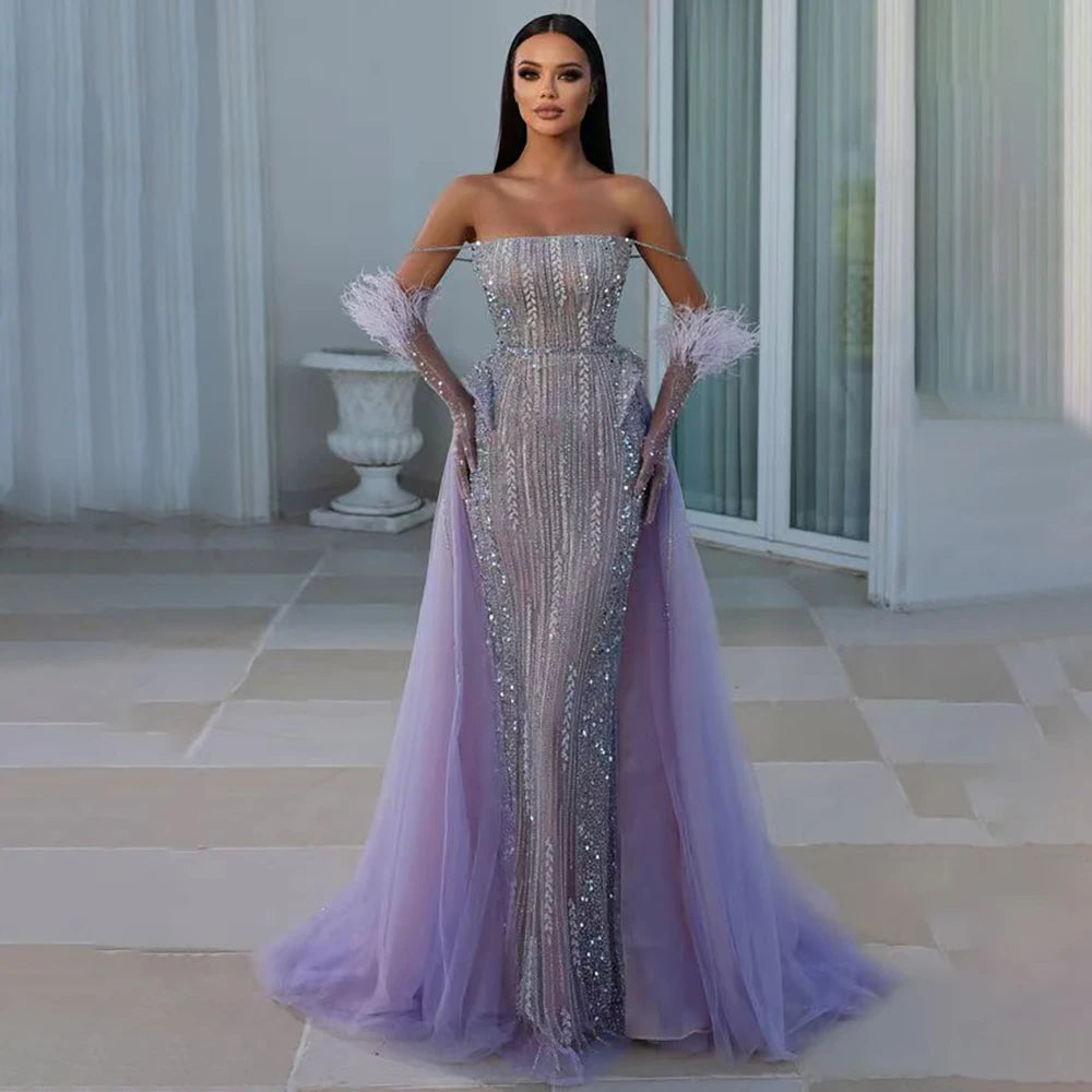 Evening dress with draped bodice-Serene Hill Lilac Mermaid Strapless Overskirt Feather Beaded Evening Dresses With Gloves Gowns 2024 For Women Party LA72029