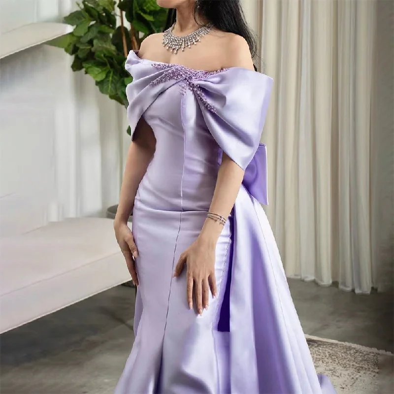 Vintage evening dress-Serene Hill Lilac Simple Elegant Mermaid Boat Neck Beaded  Evening Dresses Gowns 2024 Satin Sexy For Women Party LA72075