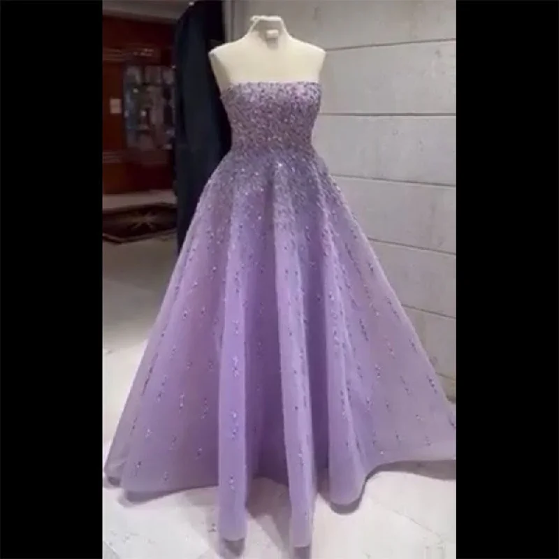 Evening dress with high neckline-Serene Hill Lilac Strapless A Line Beaded Luxury Dubai Long Evening Dresses Gowns 2024  For Woman Wedding Party LA72119