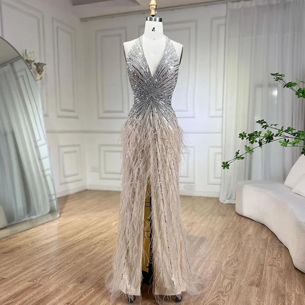 Evening dress with peplum-Serene Hill Luxury Beaded Feather Beige High Split Mermaid Evening Dresses Gowns Backless 2024 For Women Party LA70623B