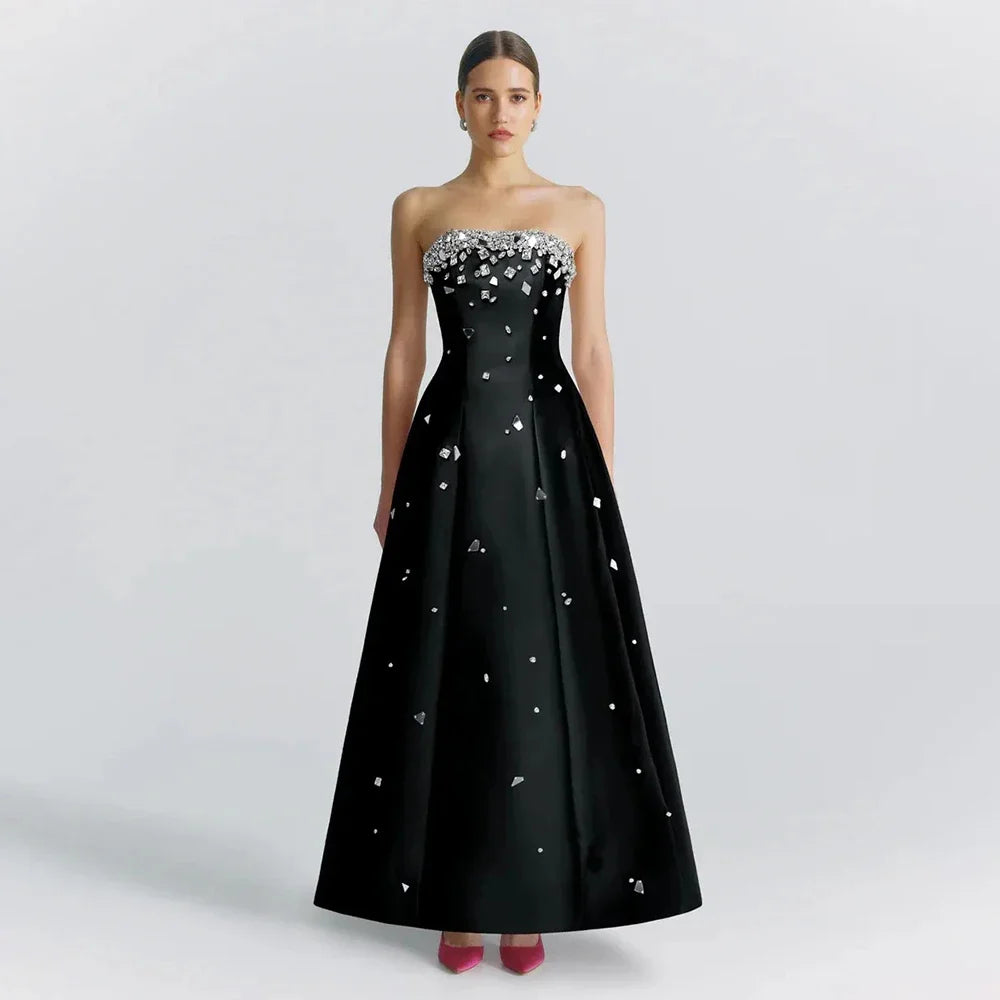 Evening dress with cap sleeves-Serene Hill Luxury Dubai Black Beaded Evening Dress for Women 2024 Elegant Arabic Wedding Birthday Party Formal Gowns LA72498