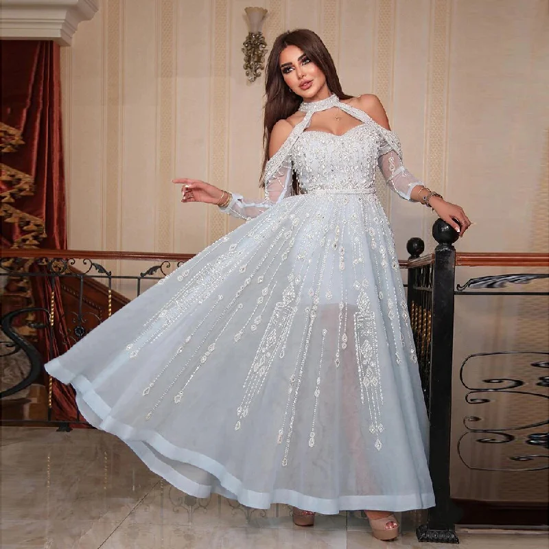 Evening dress with cap sleeves-Serene Hill Luxury Dubai Light Blue Evening Dress for Women Wedding Elegant Off Shoulder Beaded Formal Party Gowns LA72003