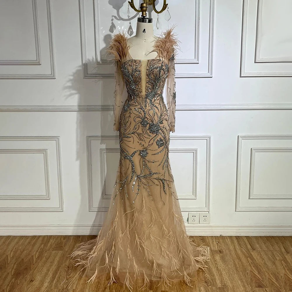 Evening dress with asymmetrical hem-Serene Hill Luxury Dubai Nude One Shoulder Beaded Feathers Mermaid Evening Dresses Gowns for Women Wedding Party Gown LA72508