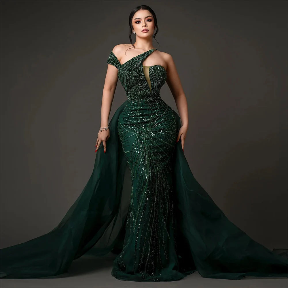 Evening dress with flared skirt-Serene Hill Luxury Emerald Green Evening Dress with Overskirt Elegant One Shoulder Women Wedding Party  Formal Gowns LA72474