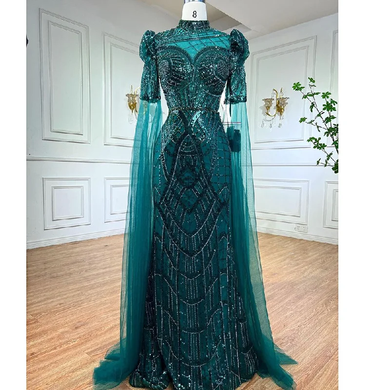 Burgundy evening dress-Serene Hill Luxury Emerald Green Evening Dresses with Cape Sleeves 2024 Elegant Women Wedding Party Gowns LA72077