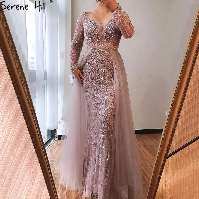 Evening dress with corset bodice-Serene Hill Luxury Muslim Pink With Train Mermaid Elegant Evening Dresses Gowns For Woman Party LA70433