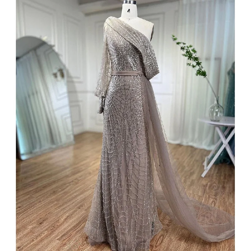 Evening dress with embroidered flowers-Serene Hill Mermaid Caramel One Shoulder Overskirt Beaded Luxury Evening Dresses Gowns 2024 For Women Wedding Party LA72128