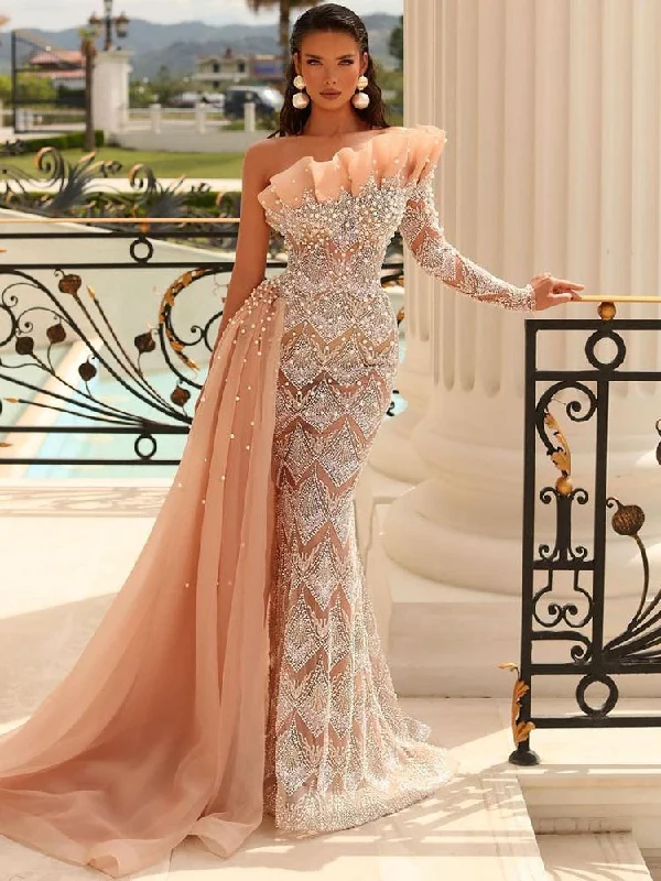 Evening dress with metallic finish-Serene Hill Mermaid One-Shoulder Peach Arabic Evening Dresses Gowns 2023 Pearls Beaded Elegant Sexy For Women Party LA71649