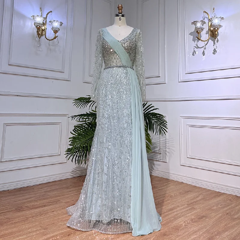 Evening dress with appliqu茅-Serene Hill Mint Dubai Muslim Mermaid Puff Sleeves Overskirt Luxury Beaded Evening Dresses Gowns 2024 For Women Party LA72024