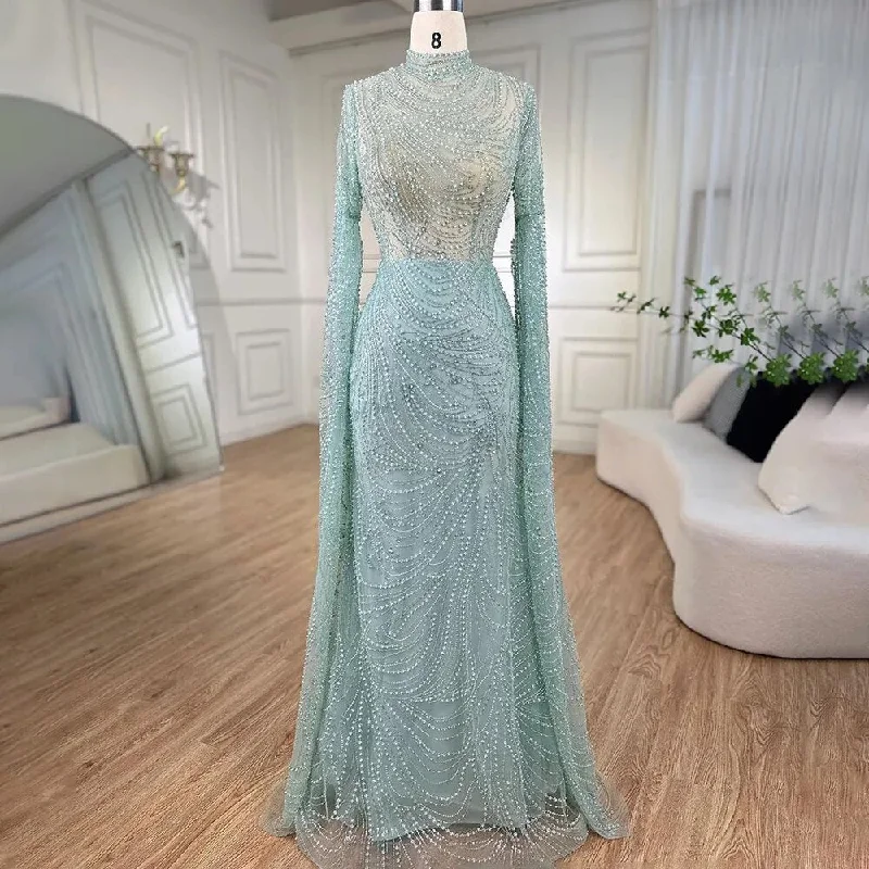 Evening dress with spaghetti straps-Serene Hill Mint Luxury Mermaid Muslim Evening Dresses Gowns 2024 Cape Sleeves Beaded Elegant For Women Wedding Party LA72182