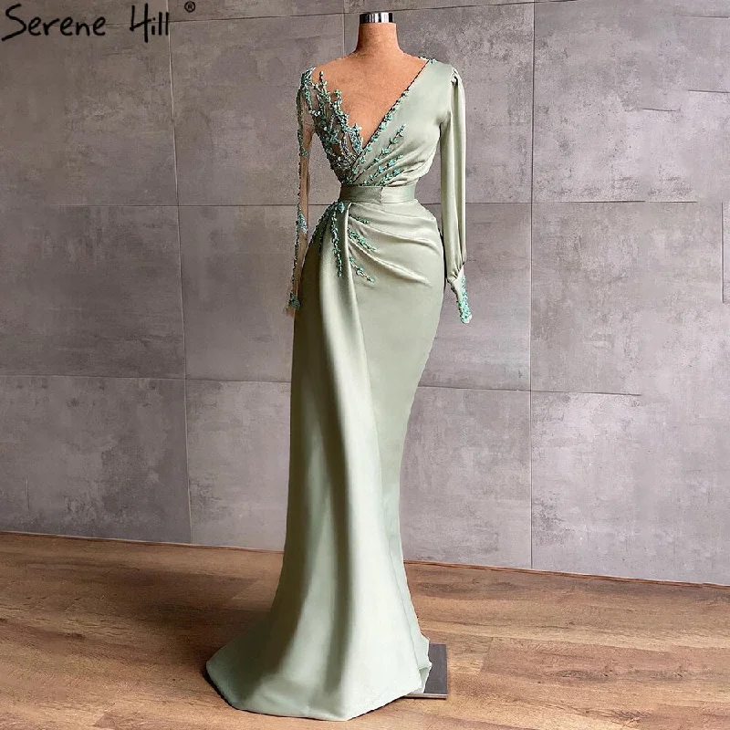 Green evening dress-Serene Hill Mint Mermaid Satin Evening Dresses Gowns 2024 Beading Elegant Sexy For Women Party LA71092