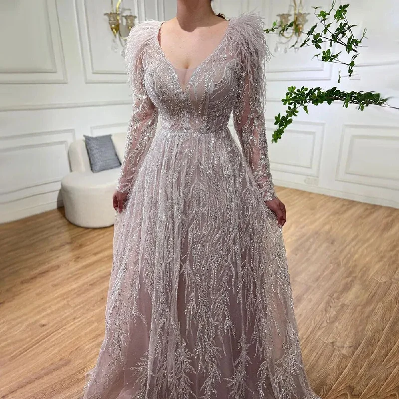 Formal evening dress-Serene Hill Muslim Beige A Line  Beaded Feathers Luxury Dubai Long Evening Dresses Gowns 2024 For Women Wedding Party LA72172