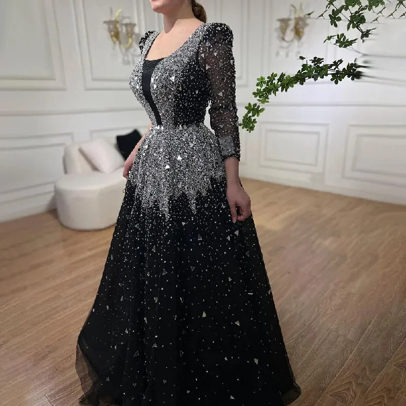 Long evening dress-Serene Hill Muslim Black A-Line Evening Dresses Gowns 2024 Sequined Beaded Luxury For Woman Wedding Party LA71214