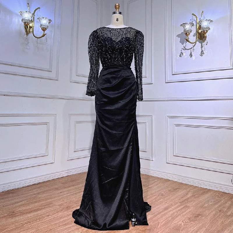 Evening dress for cocktail-Serene Hill Muslim Black Mermaid Luxury Beaded Satin Evening Dresses Dubai Formal Gowns 2024 For Woman Wedding Party LA72040