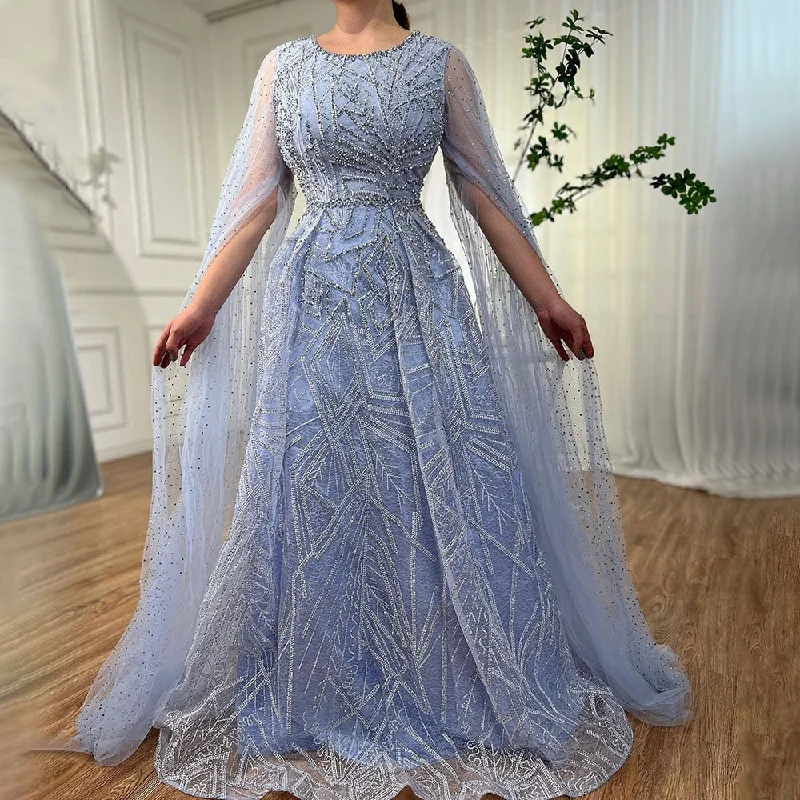 Evening dress for cocktail-Serene Hill Muslim Blue A Line Cape Sleeves Beaded Luxury Dubai Long Evening Dresses Gowns 2024 For Women Wedding Party LA72153