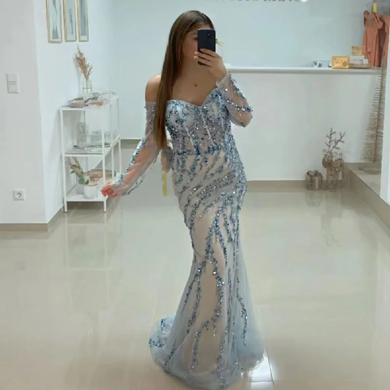 Halter neck evening dress-Serene Hill Muslim Blue Boat Neck Elegant Mermaid Beaded Evening Dresses Long Luxury 2024 Celebrity LA71653C